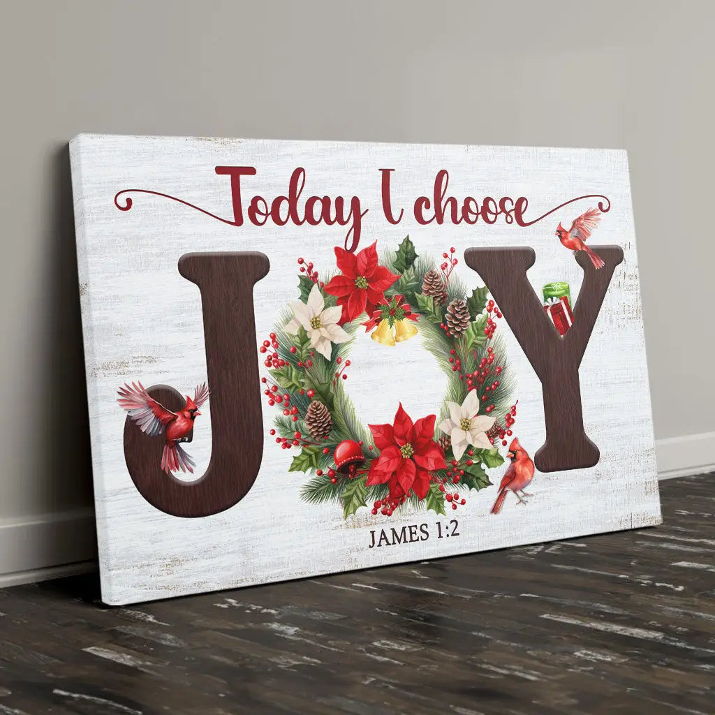 Christian Christmas wall art with &quot;Today I Choose Joy&quot; and JOY wreath, perfect for holiday gifts.