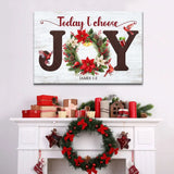 Christmas wall art featuring "Today I Choose Joy" with JOY wreath and festive poinsettias, pinecones, and cardinals.