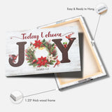 Holiday wall art canvas with "Today I Choose Joy," featuring a JOY wreath of poinsettias, pinecones, and cardinals.