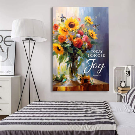Christian wall art featuring "Today I Choose Joy" with hummingbird and sunflower, perfect faith-based home decor for bedroom.