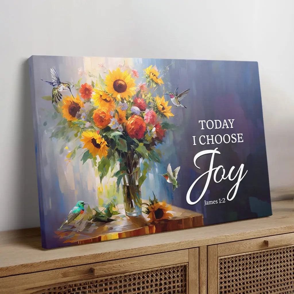 "James 1:2 Choose Joy" wall art canvas with a cheerful sunflower and hummingbird theme, meaningful Christian gift.
