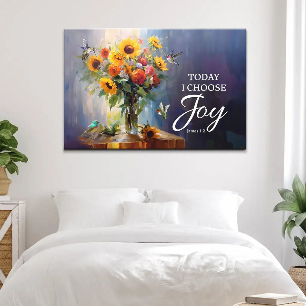Uplifting "Today I Choose Joy James 1:2" Christian wall art, sunflower vase and hummingbirds design, decor for all.
