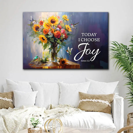 Landscape Christian wall art: "Today I Choose Joy" James 1:2 with sunflower and hummingbird design, uplifting home decor.
