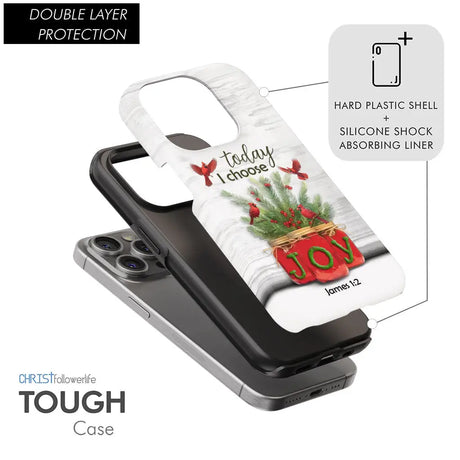 Christian Christmas phone case with James 1:2, red cardinals, pine branches, and mason jars spelling "JOY."