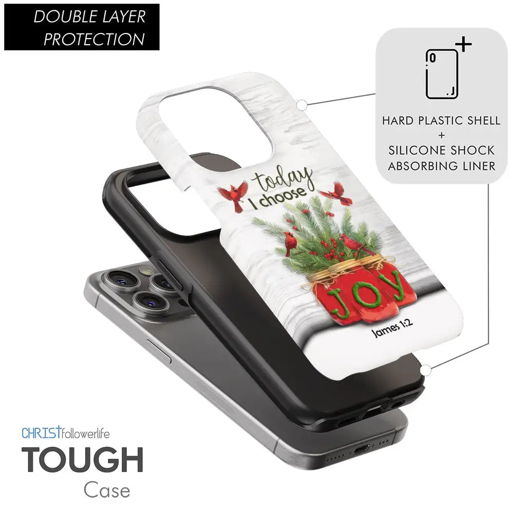 Christian Christmas phone case with James 1:2, red cardinals, pine branches, and mason jars spelling &quot;JOY.&quot;