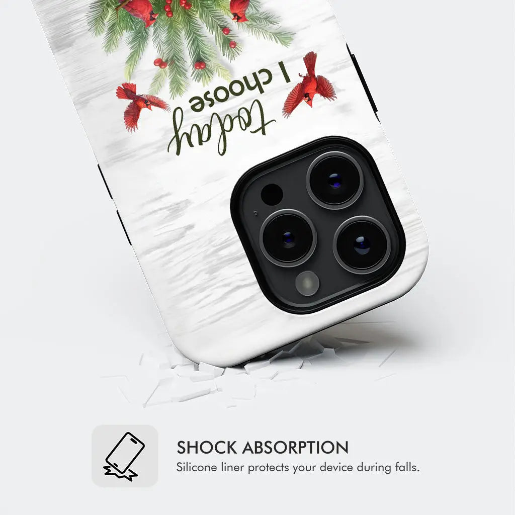 Christmas phone case with &quot;Today I Choose Joy&quot; and cardinals perched on pine, mason jars spelling &quot;JOY.&quot;