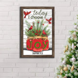 Inspiring Christmas wall art with "Today I Choose Joy," James 1:2 verse, cardinals, pine branches, and "JOY" spelled in mason jars.