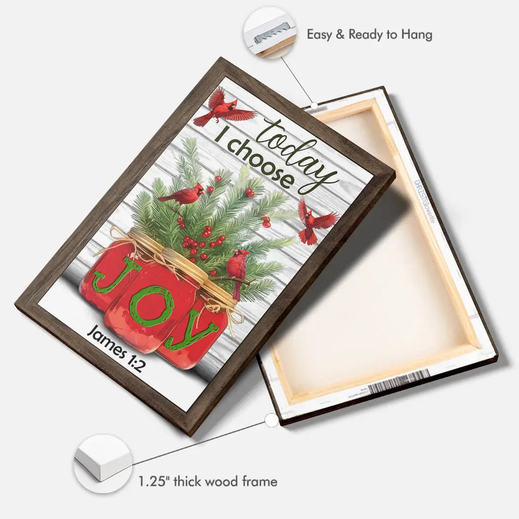 James 1:2 wall art with &quot;Today I Choose Joy,&quot; cardinals, pine branches, and mason jars spelling &quot;JOY&quot; — perfect Christian Christmas decor.