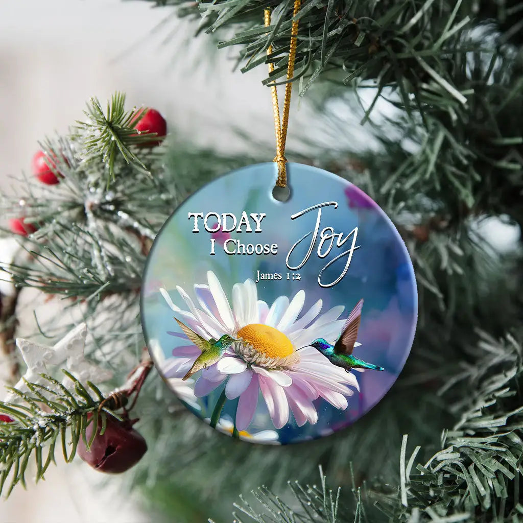 Christian Christmas ornament reminding believers to choose joy through trials—James 1:2 theme.