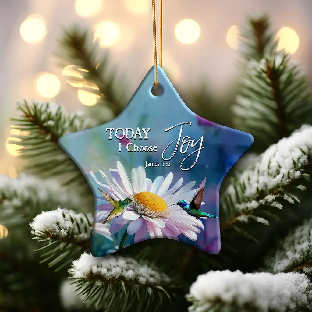 Beautiful ornament featuring James 1:2 scripture and a joyful hummingbird among daisies. Star / 1-pack