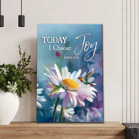 Christian wall art with James 1:2, hummingbird and daisies, faith-based gift for joy and encouragement.