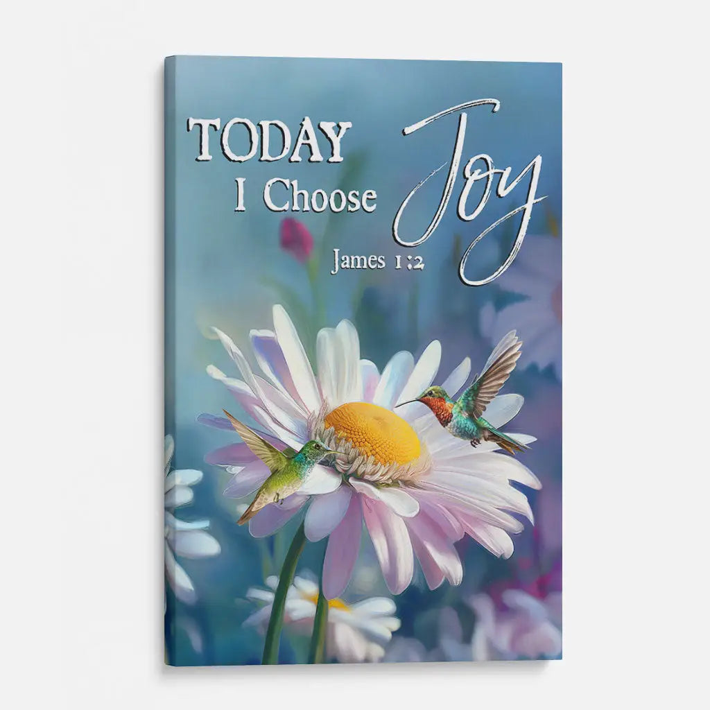 Christian canvas with Bible verse James 1:2, hummingbird and daisy artwork, perfect gift of faith.