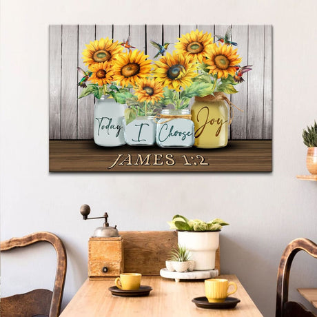 Christian wall art featuring James 1:2, "Today I Choose Joy," with sunflower vase and hummingbird, perfect faith-based decor.