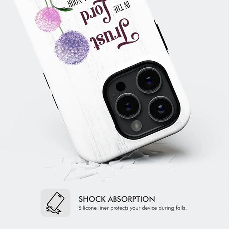 Christian phone case with "Trust in the Lord" Bible verse and dandelions, perfect for faith-inspired gifts.