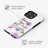 Faith-based phone case featuring Proverbs 3:5 Bible verse and dandelions, great for religious gifts.