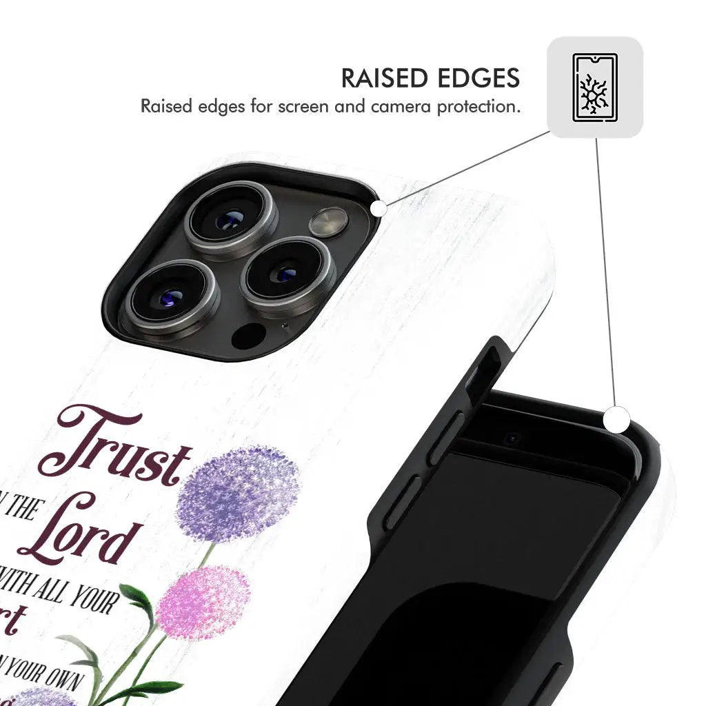 Religious phone case with Proverbs 3:5 Bible verse and dandelions, ideal for Christian and inspirational gifts.