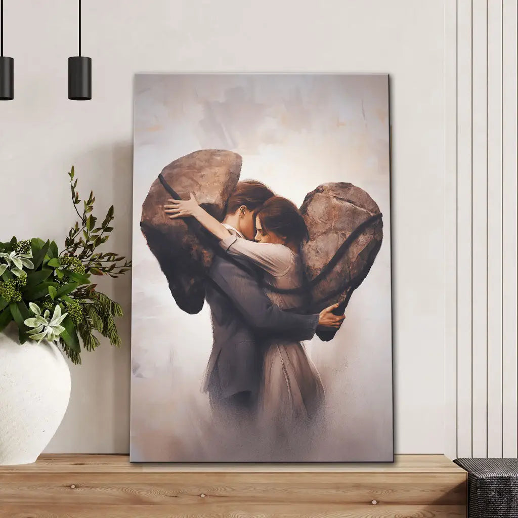 Christian wall art of two people carrying burdens, faith-based gift for couples or hard seasons.