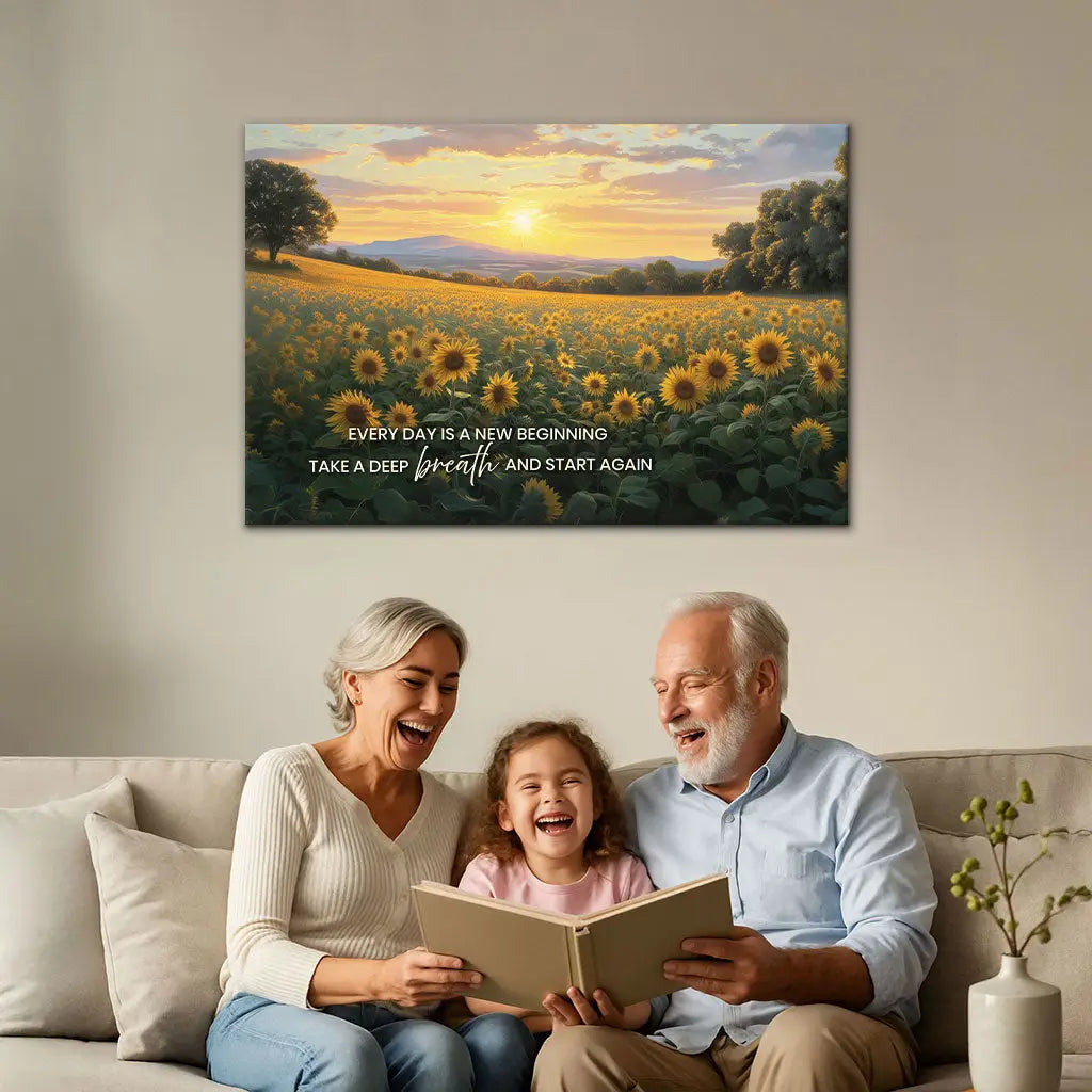 Christian gifts wall art canvas with Every Day Is a New Beginning and peaceful sunflower field