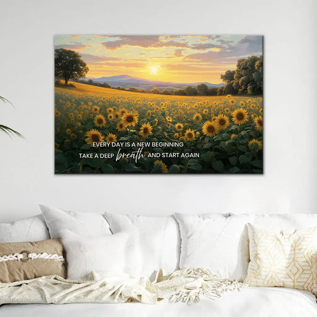 Christian wall art canvas Every Day Is a New Beginning with beautiful sunflowers and faith quote