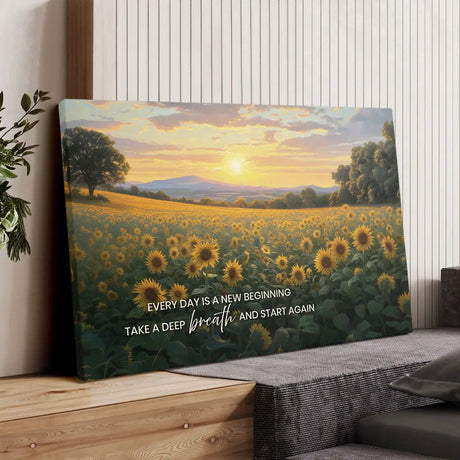 Every Day Is a New Beginning Christian wall art canvas with Breath of Jesus and sunflower field