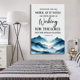 Inspirational Bible verse canvas with Colossians 3:23 and a mountain design, perfect for uplifting Christian wall decor.