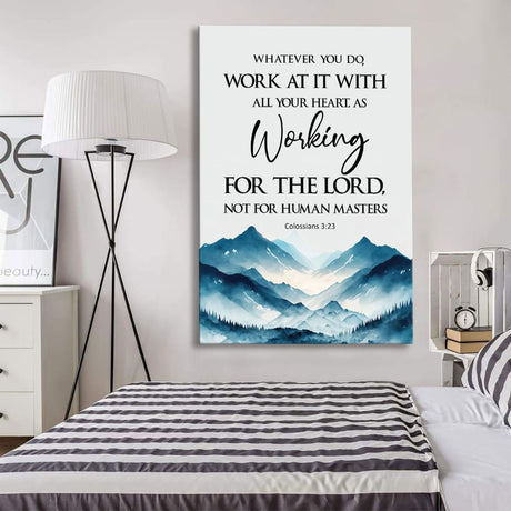 Inspirational Bible verse canvas with Colossians 3:23 and a mountain design, perfect for uplifting Christian wall decor.
