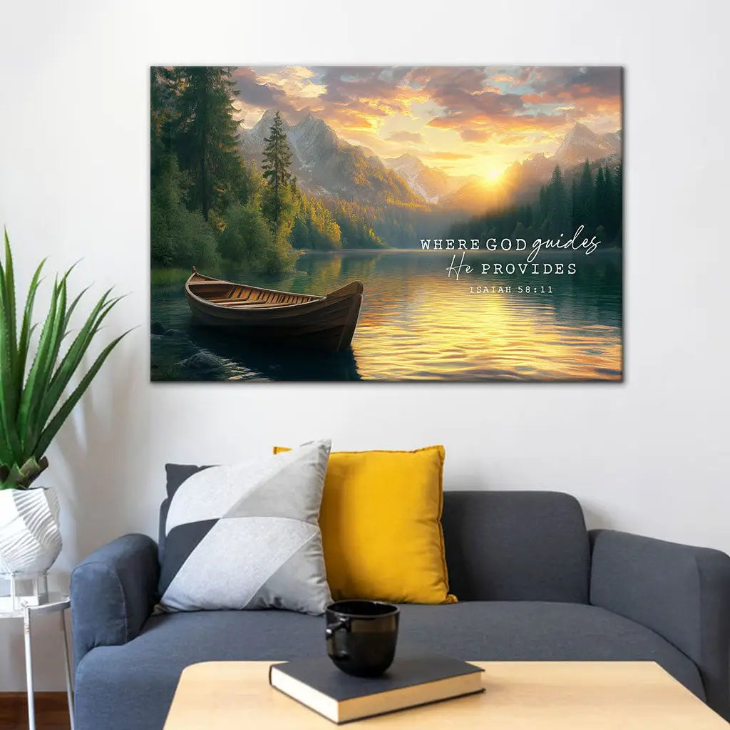 Inspirational Christian canvas with a scenic landscape and the Bible verse Isaiah 58:11, perfect for religious gifts.