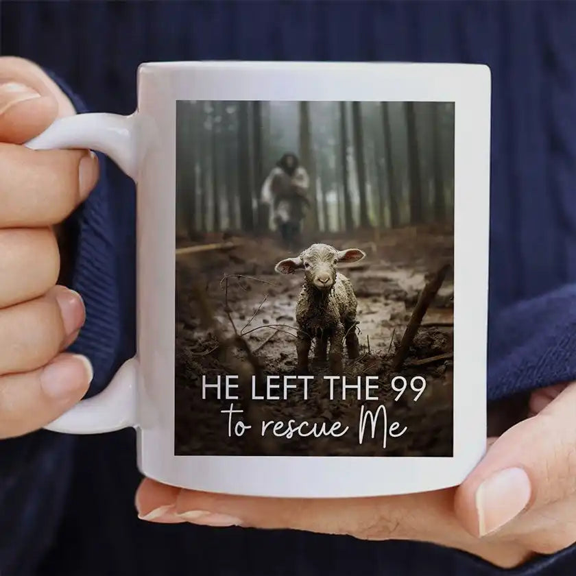 White ceramic coffee mug with a religious graphic.