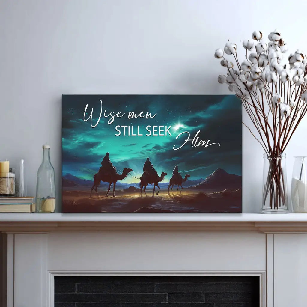 Inspirational Christian canvas with nativity theme, Wise Men and Jesus-focused Christmas décor.