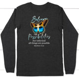 With God all things are possible cross butterfly Bible verse long sleeve t-shirt Dark Grey Heather / S