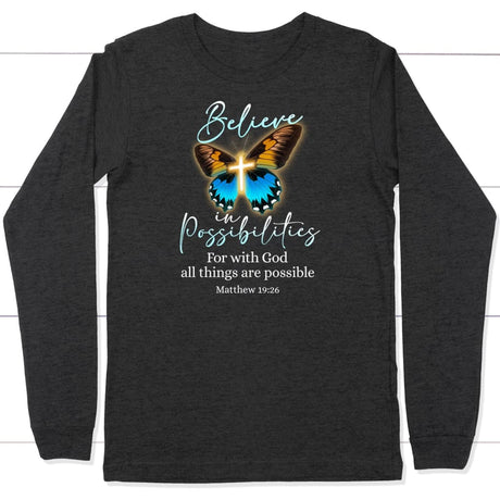 With God all things are possible cross butterfly Bible verse long sleeve t-shirt Dark Grey Heather / S