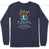 With God all things are possible cross butterfly Bible verse long sleeve t-shirt Navy / S
