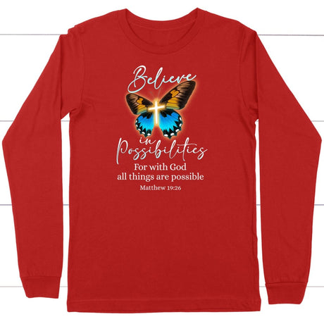 With God All Things Are Possible, Cross, Butterfly, Christian Long Sleeve T-shirt Red / S