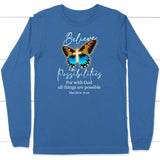 With God all things are possible cross butterfly Bible verse long sleeve t-shirt True Royal / S