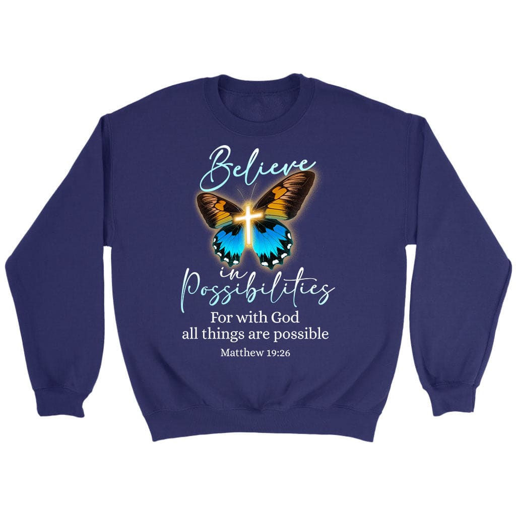 With God all things are possible cross butterfly Bible verse sweatshirt Purple / S