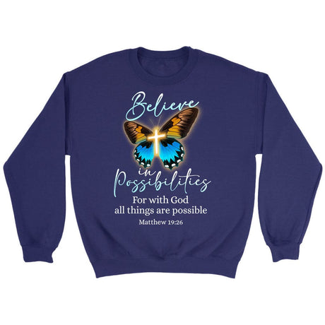 With God all things are possible cross butterfly Bible verse sweatshirt Purple / S