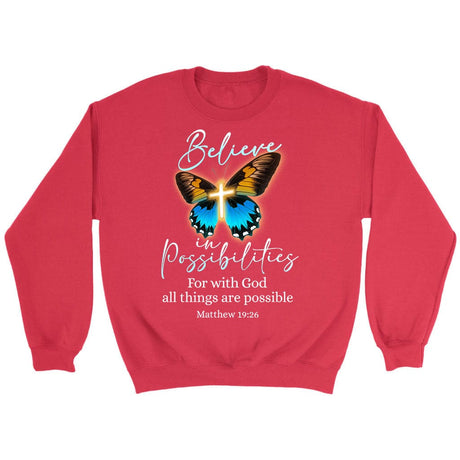 With God all things are possible cross butterfly Bible verse sweatshirt Red / S