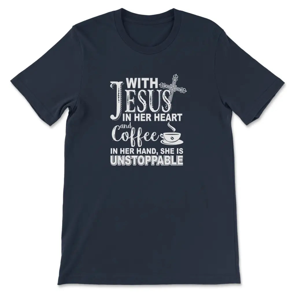 With Jesus In Her Heart And Coffee In Her Hand T-shirt Navy / S