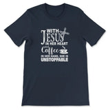 With Jesus In Her Heart And Coffee In Her Hand T-shirt Navy / S