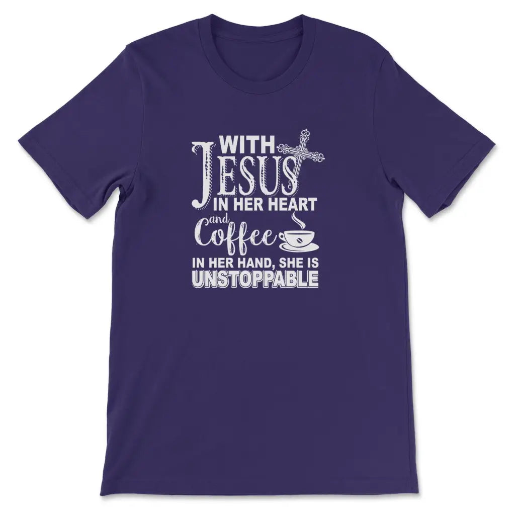 With Jesus In Her Heart And Coffee In Her Hand T-shirt Team Purple / S