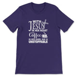 With Jesus In Her Heart And Coffee In Her Hand T-shirt Team Purple / S