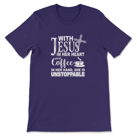 With Jesus In Her Heart And Coffee In Her Hand T-shirt Team Purple / S