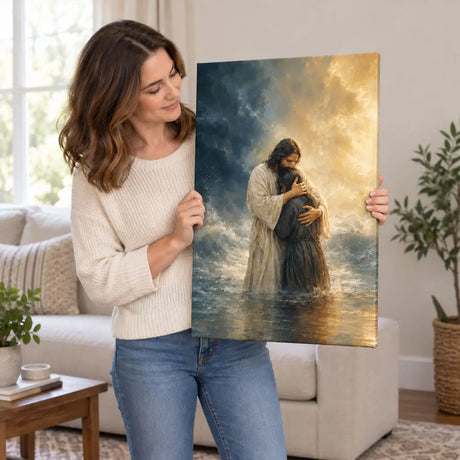 Woman Held by Jesus in the Storm Christian Canvas Wall Art