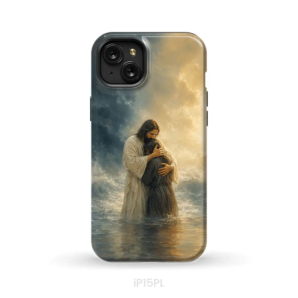 Woman Held by Jesus in the Storm Christian Phone Case iPhone 15 Plus / Tough Case