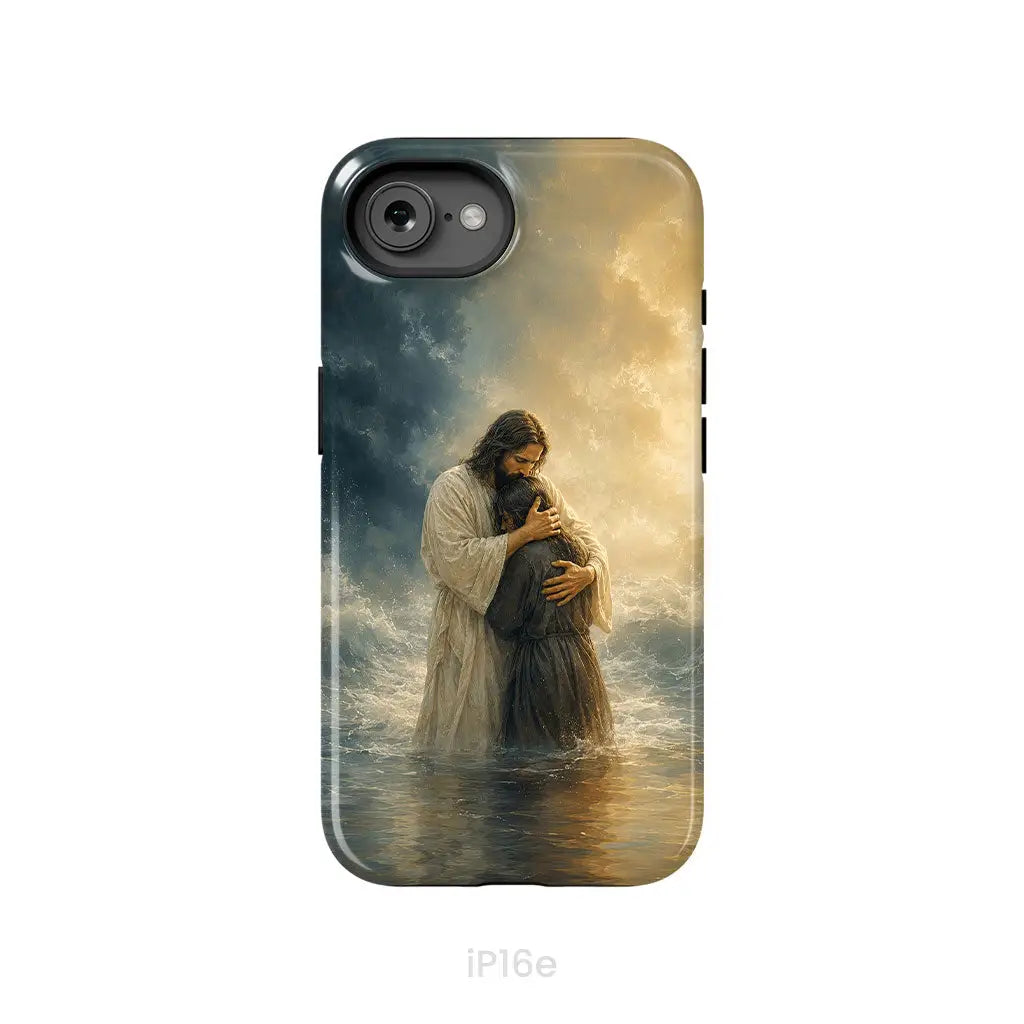 Woman Held by Jesus in the Storm Christian Phone Case iPhone 16e / Tough Case