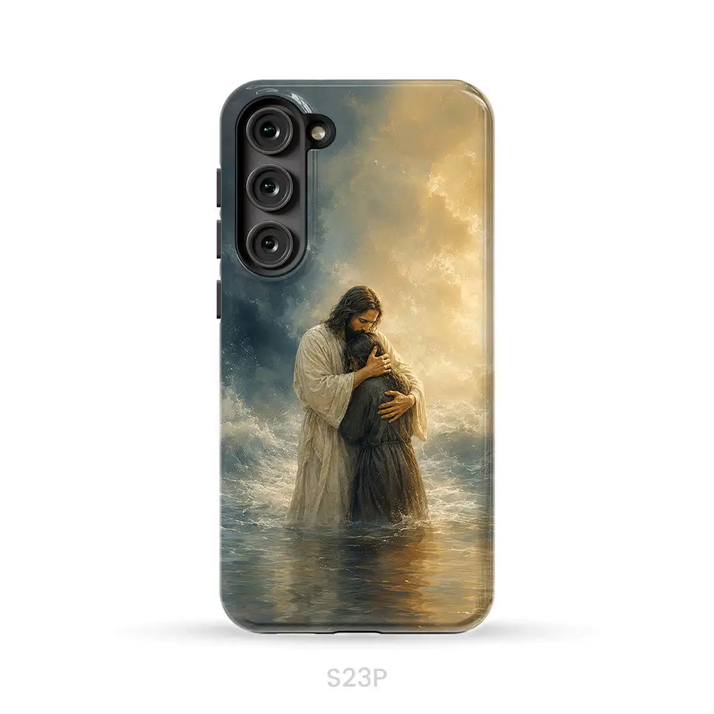 Woman Held by Jesus in the Storm Christian Phone Case Samsung Galaxy S23 Plus / Tough Case