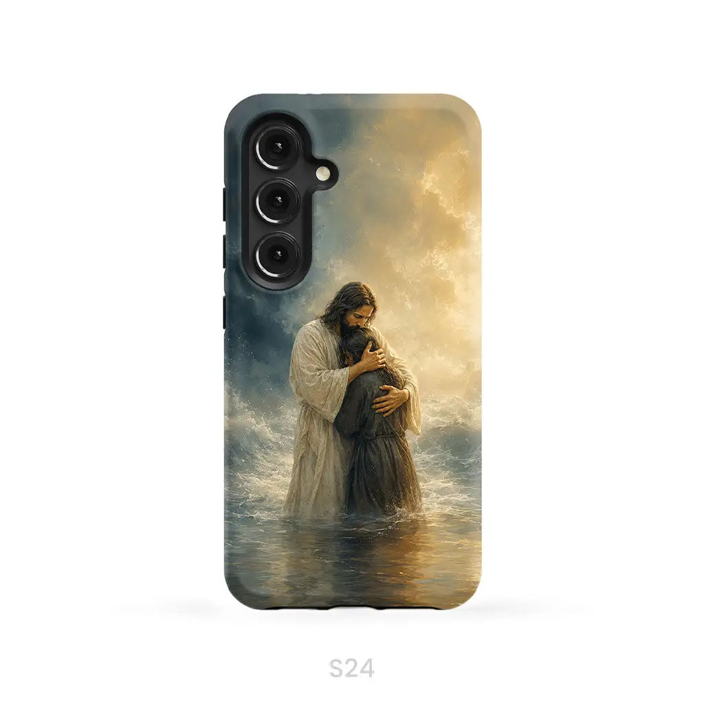 Woman Held by Jesus in the Storm Christian Phone Case Samsung Galaxy S24 / Tough Case