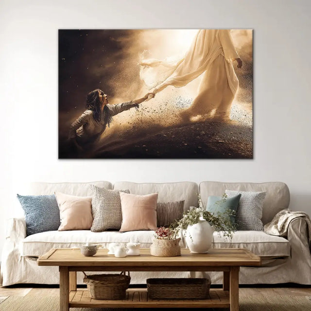 Christian wall art of woman touching Jesus’ garment, inspirational Bible verse, faith-based gift.