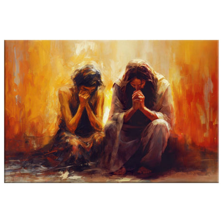 Religious wall art with women and Jesus praying, perfect Christian decor for faith-filled living spaces.