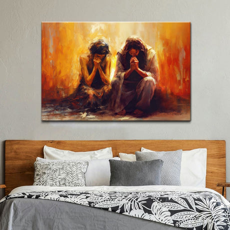 Inspirational wall art of women and Jesus praying, ideal Christian gift for scripture-inspired home decor.